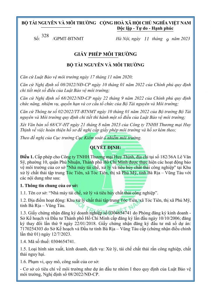 Giấy phép môi trường số 328/GPMT-BTNMT